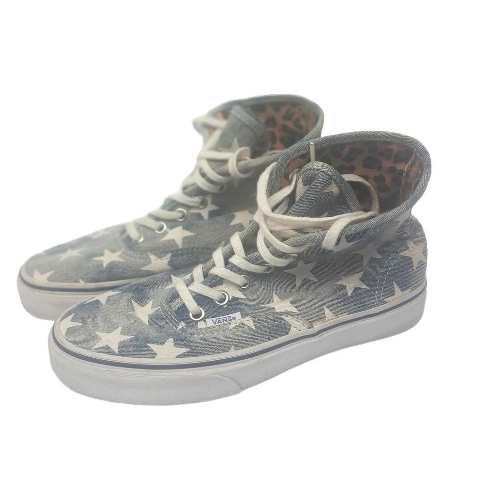 Vans Off The Wall High Top Sneakers Denim Star Print Leopard Lining Womens 6